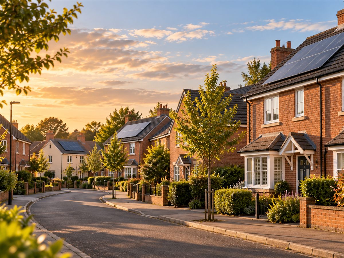 A residential street of UK homes in soft evening light