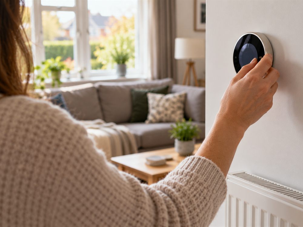 A person adjusting a modern smart heating control at home