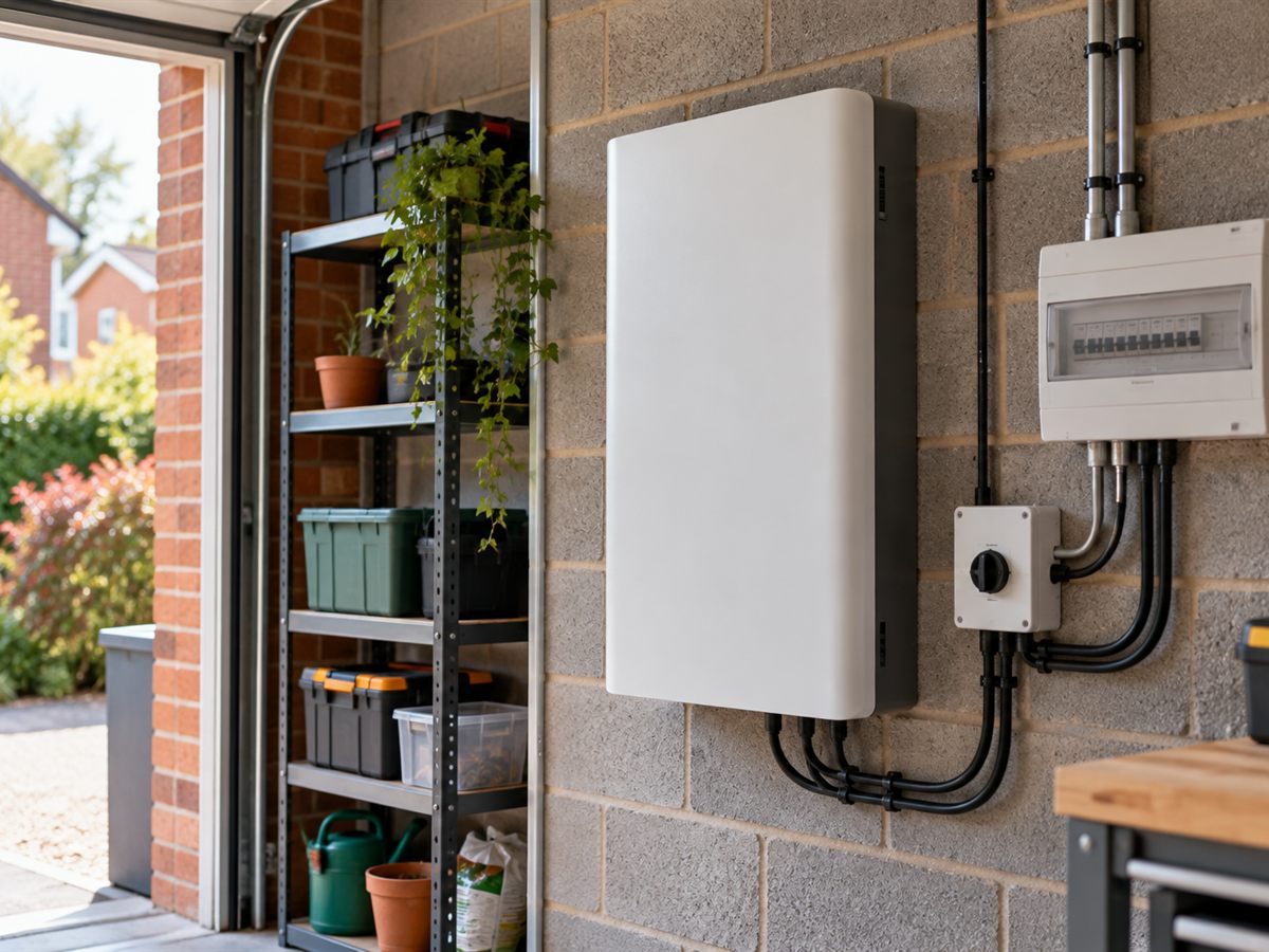 A wall-mounted home battery storage unit installed in a garage