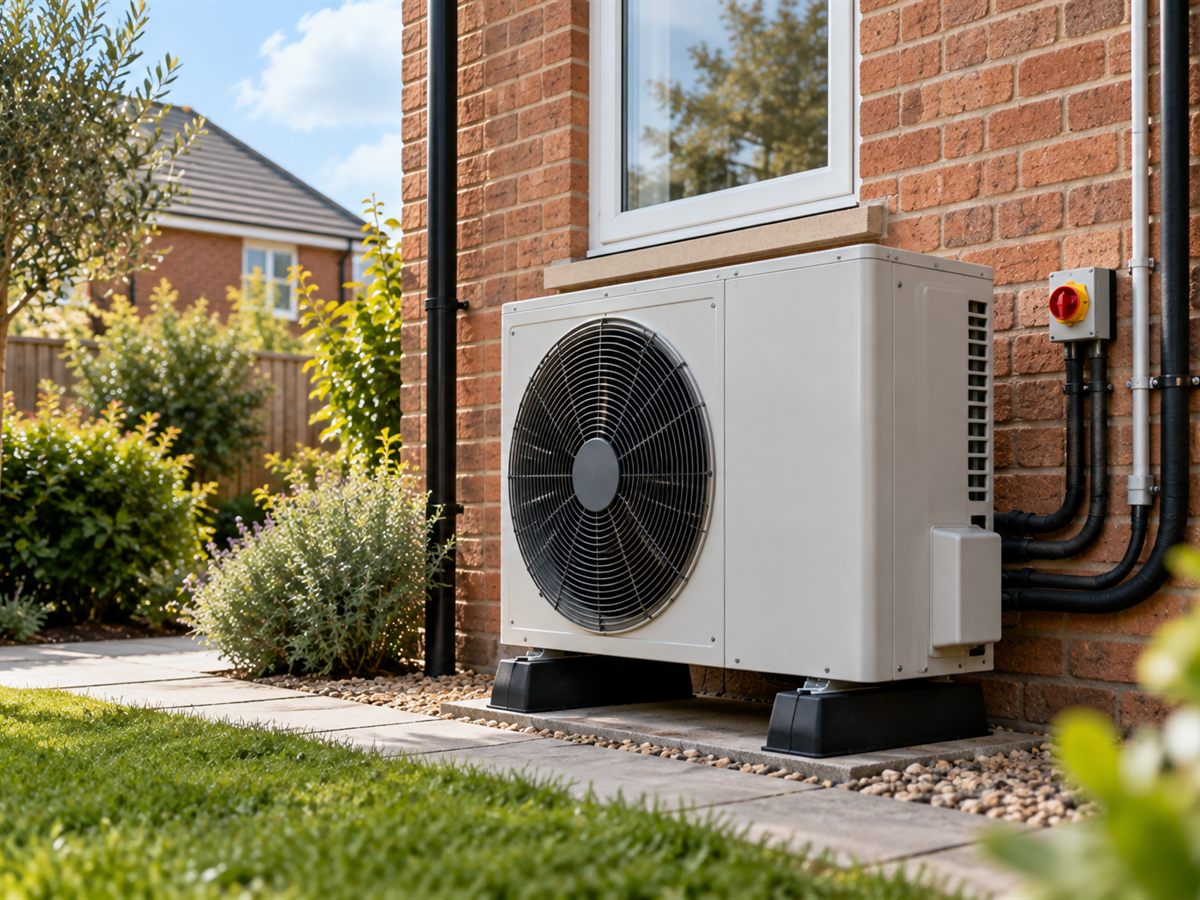An air-source heat pump unit fitted outside a UK home