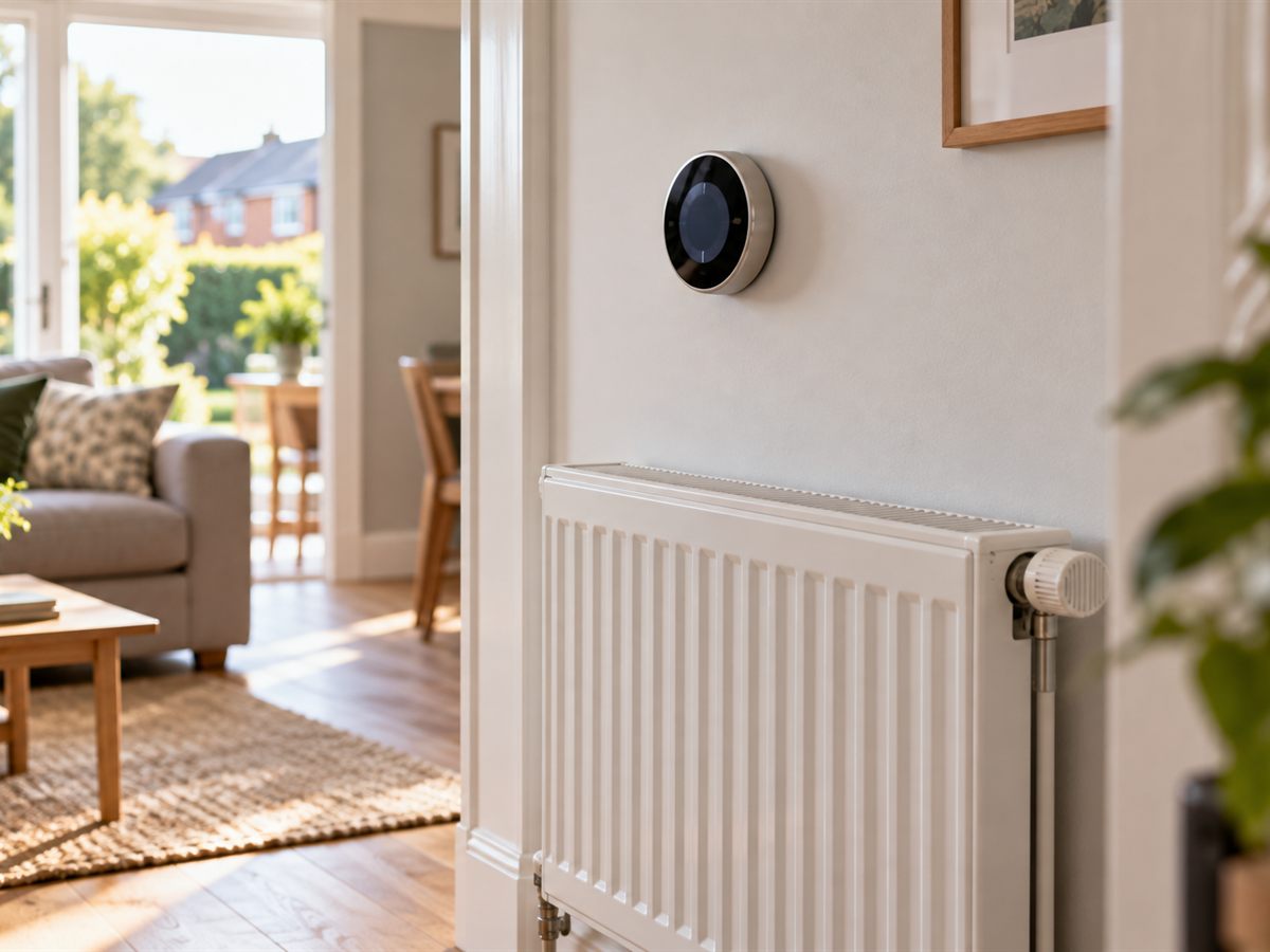 A modern smart heating control mounted on a living room wall