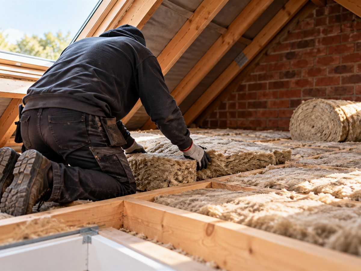 An installer fitting insulation in a loft space