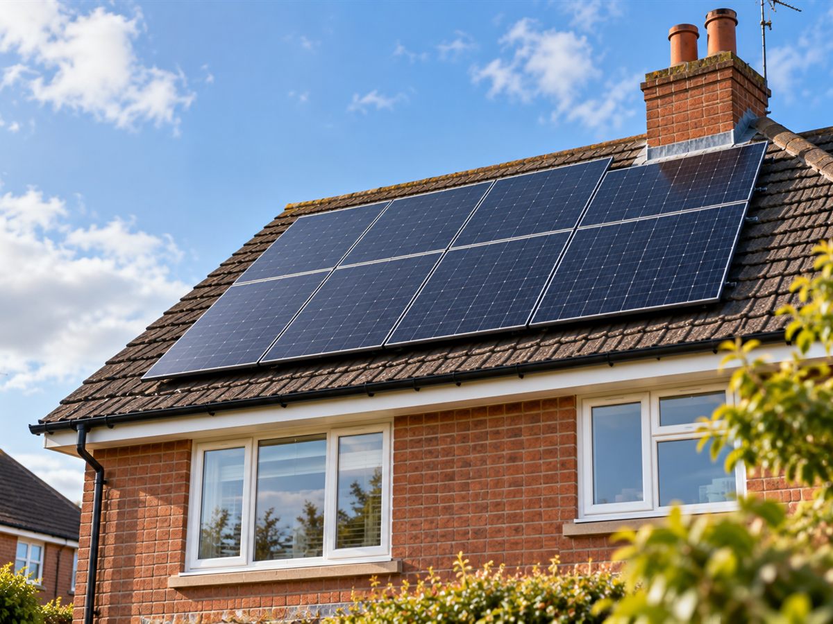 Solar panels installed on the pitched roof of a UK semi-detached house